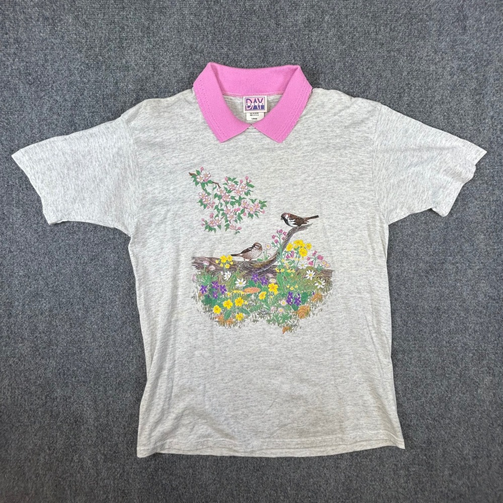 Vintage Daybreak Nature Graphic Polo Shirt Gray Pink Birds Flowers‎ Large USA